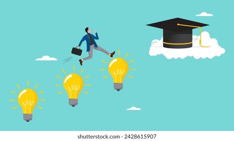 success step to achieve high education with knowledge, way to achieve higher education, journey to graduation, man jump through the light bulb idea towards graduation cap concept vector illustration