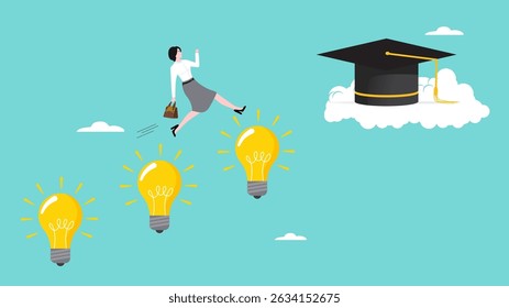 success step to achieve high education with knowledge, way to achieve higher education, journey to graduation, woman jump through the light bulb idea towards graduation cap concept vector illustration