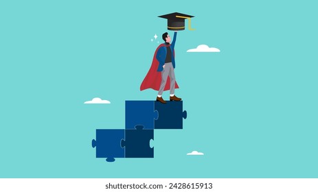 success step to achieve higher education, cost to graduate high degree education, the way to achieve high education, student standing at the top of the stairs from puzzle while carrying graduation cap