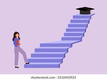 Etapa de sucesso para alcançar o ensino superior. O caminho para alcançar o ensino superior. Estudante adolescente caminhando até o boné de formatura em design plano.