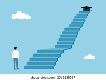 Success step to achieve higher education. The way to achieve high education. Teen student walking up to graduation cap in flat design.