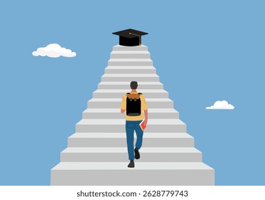 Success step to achieve higher education. The way to achieve high education. Teen student walking up to graduation cap in flat design.