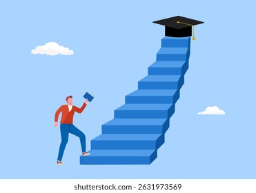 Success step to achieve higher education. The way to achieve high education. Teen student walking up to graduation cap in flat design.