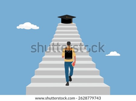 Success step to achieve higher education. The way to achieve high education. Teen student walking up to graduation cap in flat design.