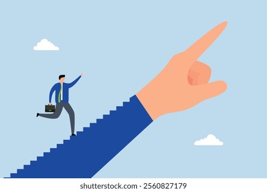 Success step, businessman ascends stairway while leader gestures with hand. 