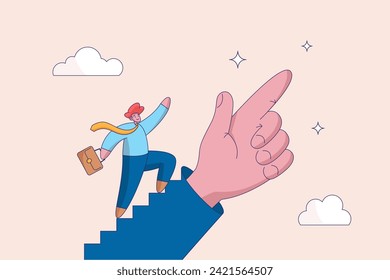 Success step concept. Stairway to achieve target. Leadership or career path growth strategy, motivation and determination to grow and success, businessman step up stairway on leader pointing hand.