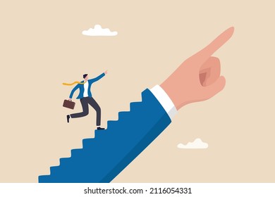 Success step, leadership or career path growth strategy, motivation and determination to grow and success, stairway to achieve target concept, businessman step up stairway on leader pointing hand.