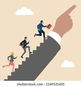 Success step, leadership or career path growth strategy, motivation and determination to grow and success, stairway to achieve target concept, businessman step up stairway on leader pointing hand.