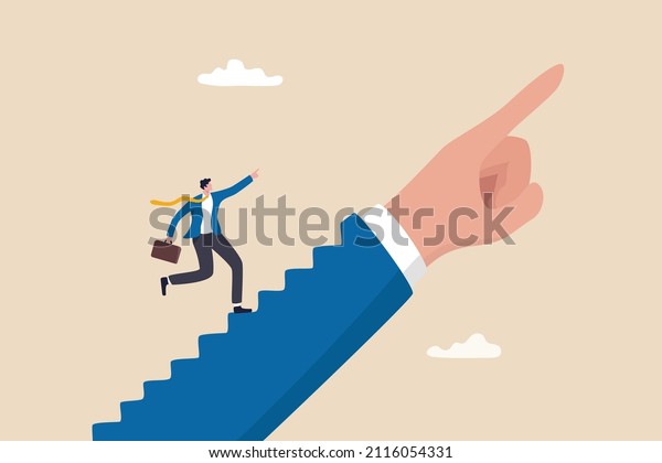 Success step, leadership or career path growth\
strategy, motivation and determination to grow and success,\
stairway to achieve target concept, businessman step up stairway on\
leader pointing hand.
