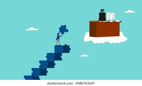 success step or progress to achieve a position or career success, career path or job promotion effort, strategy to achieve target, businessman making ladder from puzzle towards the target position