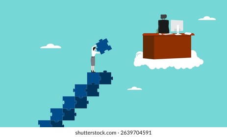 success step or progress to achieve a position or career success, career path or job promotion effort, strategy to achieve target, business woman making ladder from puzzle towards the target position