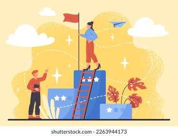 Success stories concept. Man looks at woman with red flag on top. Leadership and goal setting, motivation and inspiration. Ambition and career growth