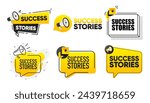 Success Stories. Megaphone label collection with text. Marketing and promotion. Vector Illustration.