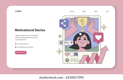 Success Stories set. Celebrating achievements and personal growth with motivational content online. Inspiring progress and accomplishment. Flat vector illustration