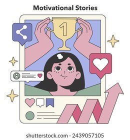 Success Stories set. Celebrating achievements and personal growth with motivational content online. Inspiring progress and accomplishment. Flat vector illustration