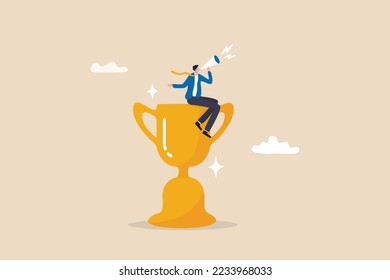 Success story to motivate people to develop and improve to achieve life success, telling story or inspire people, aspiration concept, businessman telling success story with megaphone on winner trophy.