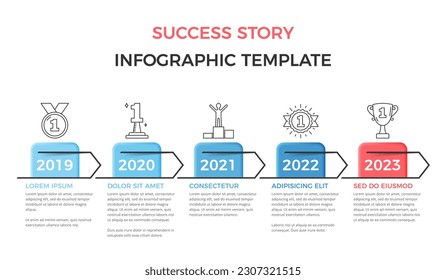 Historia de éxito: infografías de línea de tiempo con cinco elementos con iconos de línea de éxito, eps10 ilustración vectorial
