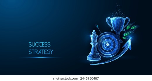 Success strategy, achievment, leadership vision futuristic concept in glowing low polygonal style on dark blue background. Modern abstract connection design vector illustration.