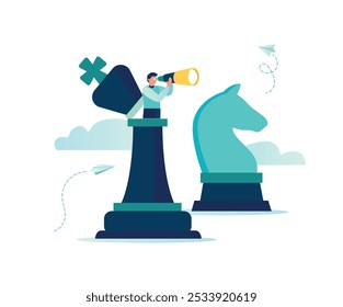 Success strategy, advance planning to win business competition, competitor analysis concept, business leader opens the chess king with binoculars to look ahead, vector illustration