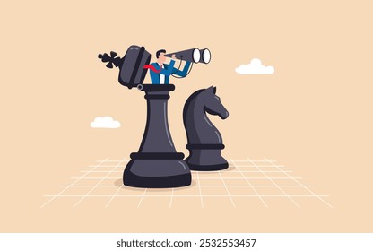 Success Strategy for Business Leadership, plan ahead to win business competition, looking for opportunity, competitor analysis concept, businessman leader open chess king with binocular to look ahead.