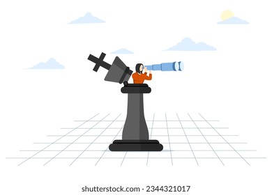 success strategy concept, leadership vision or looking for opportunity, competitor analysis, plan ahead to win business competition, businesswoman opening chess king with binoculars to look ahead.