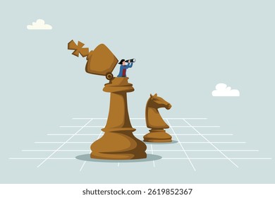 Success strategy, forward planning to win business competition, leadership vision or seeking opportunities, competitor analysis concept, female business leader opens chess king with binoculars to look