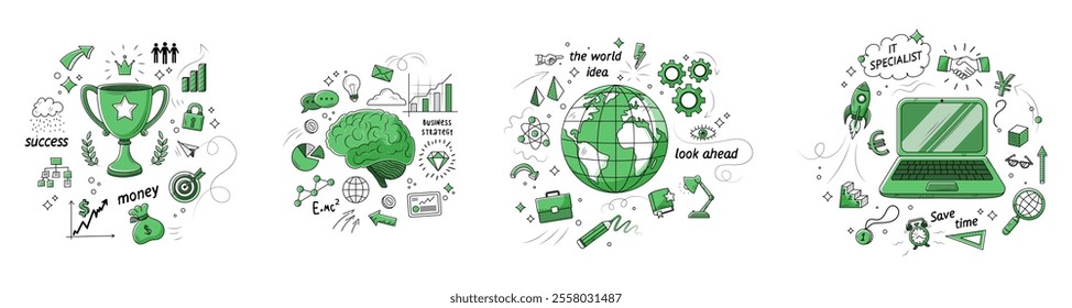 Success, strategy, global ideas, and IT concepts in green icons. Vector illustration