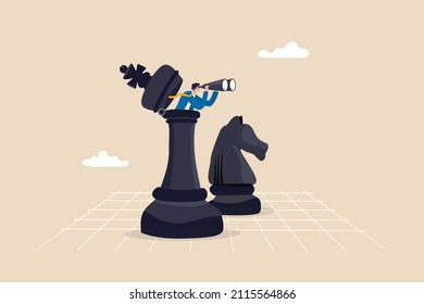 Success strategy, plan ahead to win business competition, leadership vision or looking for opportunity, competitor analysis concept, businessman leader open chess king with binocular to look ahead. - Shutterstock ID 2115564866