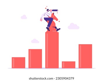 Success strategy, plan ahead to win business competition, leadership vision or looking for opportunity, competitor analysis concept, businessman look through binocular to see graph and chart