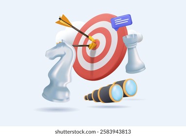 Success strategy, plan ahead to win business competition, 3D illustration, leadership vision or looking for opportunity, competitor analysis concept, chess figures with binocular to look ahead