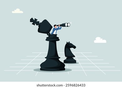 Success strategy, plan ahead to win business competition, leadership vision or looking for opportunity, competitor analysis concept, businessman leader open chess king with binocular to look ahead.