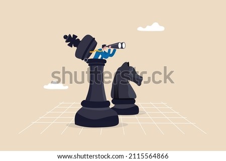 Success strategy, plan ahead to win business competition, leadership vision or looking for opportunity, competitor analysis concept, businessman leader open chess king with binocular to look ahead.