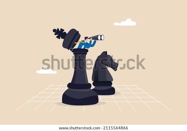 Success strategy, plan ahead to win business\
competition, leadership vision or looking for opportunity,\
competitor analysis concept, businessman leader open chess king\
with binocular to look\
ahead.