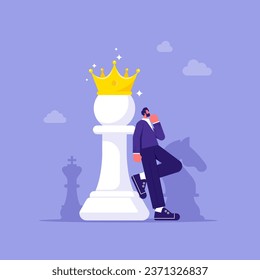 Success strategy or planing to win business competition concept, best competition analysis or planing, businessman with chess pawn in the crown