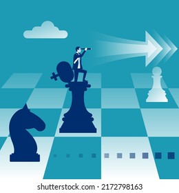 Success strategy. Victory planning. Plan win business competition. Leadership vision, looking opportunity. Businessman looks in binoculars. Competitor analysis. Decision for the future. Vector design.