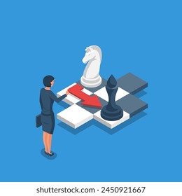 Success strategy. Victory planning. Plan win business competition. Leadership vision, looking opportunity. Woman is looking for a solution on a chessboard. Vector illustration isometric design. 