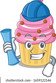 A success of strawberry cupcake Architect having blue prints and blue helmet