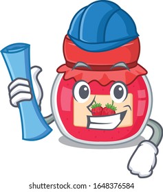 A success of strawberry jam Architect having blue prints and blue helmet