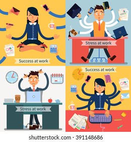 Success, Stress at Work. Multitasking Man and Woman. Vector illustration. Flat style