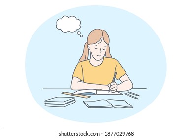 Success in studying, excellent school pupils concept. Smiling school girl cartoon character sitting doing homework, having excellent marks for educational exams and showing good knowledge 