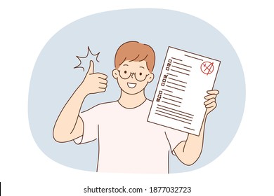 Success in studying, excellent school pupils concept. Smiling school boy cartoon characters having excellent marks for educational exams and showing good knowledge in class illustration