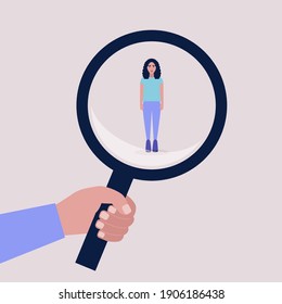 Success, talent, promotion, choice concept. Candidate selection concept. Hand holding a magnifying glass over a young woman. Colorful flat vector illustration