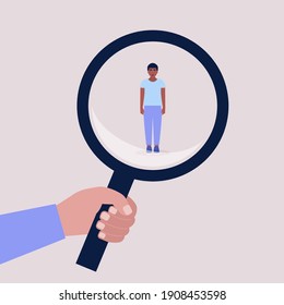 Success, talent, promotion, choice concept. Candidate selection concept. Hand holding a magnifying glass over a young man. Colorful flat vector illustration