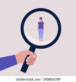 Success, talent, promotion, choice concept. Candidate selection concept. Hand holding a magnifying glass over a young woman. Colorful flat vector illustration