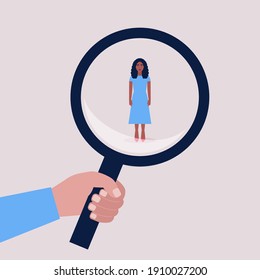 Success, talent, promotion, choice concept. Candidate selection concept. Hand holding a magnifying glass over a young woman. Colorful flat vector illustration