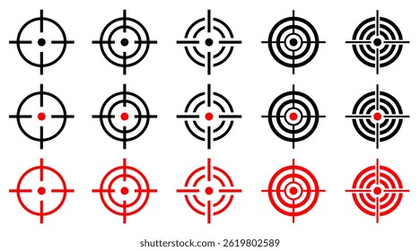 Success target or aim icon set. Gun sight vector icons. Bullseye black and red symbol. Shooting mark sign. Archery, hunting and sports shooting. Game UI element. Isolated on white background.