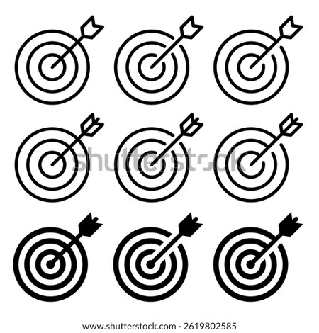 Success target or aim icon set. Gun sight vector icons. Bullseye black and red symbol. Shooting mark sign. Archery, hunting and sports shooting. Game UI element. Isolated on white background.