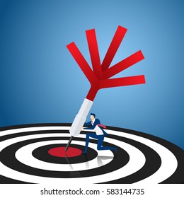 Success target concept. Businessman holding dart hitting the center success target. Cartoon Vector Illustration.