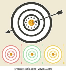 Success Target with hitting arrows and dollar sign in center. Business growing money concept. Vector illustration