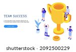 Success team concept. Team around the gold cup. Isometric vector web banner.